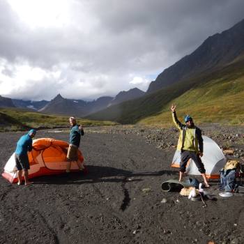 Hikers make camp on Pyramid Peak route, Wrangell St. Elias National Park , Alaska