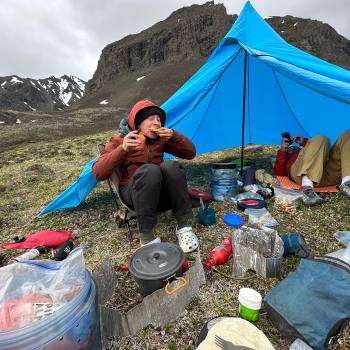 Cook tent on Pyramid Peak route, Wrangell St. Elias National Park , Alaska