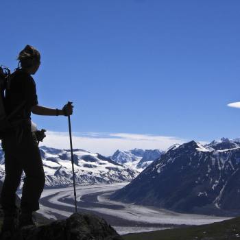 Overlooking Bremner glacier on Seven Pass route in Wrangell St. Elias National Park, Alaska