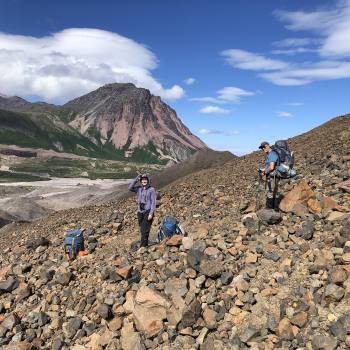 Crossing glacial moraine at Sanford Plateau, Wrangell St. Elias National Park, Alaska