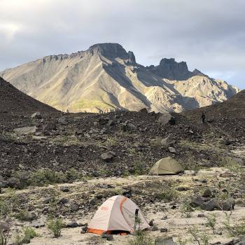 Camp at moraine on Sanford Plateau, Wrangell St. Elias Ntl. Park, Alaska